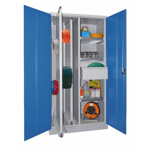 Vertikalauszugsschrank mit Fachböden und Schubladen