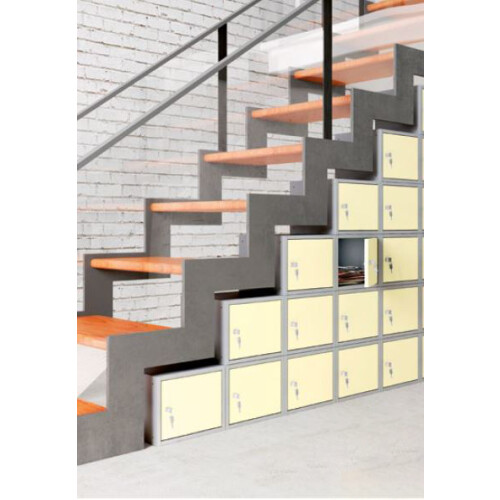 Stahl Schliessfachschrank Select 20 Fächer 300mm Abteilbreite Korpus Lichtgrau RAL 7035 Türen Verkehrsgelb RAL 1023