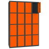 Stahl Schliessfachschrank Select 16 Fächer 300mm Abteilbreite Korpus Tiefschwarz RAL 9005 Türen Reinorange RAL 2004