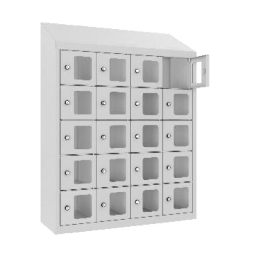 Kleinfachschrank 20 Fächer Korpus Lichtgrau RAL 7035 Türen Lichtblau RAL 5012 Türen mit Plexiglaseinsatz