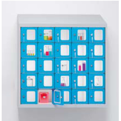 Kleinfachschrank 20 Fächer Korpus Lichtgrau RAL 7035 Türen Enzianblau RAL 5010 Türen mit Plexiglaseinsatz
