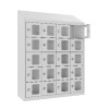 Kleinfachschrank 20 Fächer Korpus Lichtgrau RAL 7035 Türen Enzianblau RAL 5010 Türen mit Plexiglaseinsatz