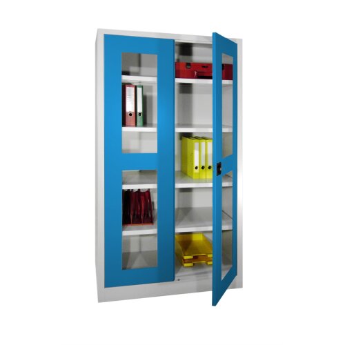 Stahlschrank mit Sichtfenstertüren 195 cm hoch,  100cm breit,  40 cm tief