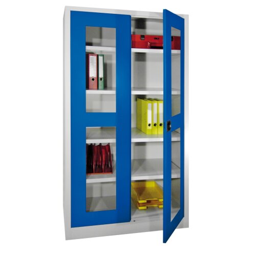 Stahlschrank mit Sichtfenstertüren 195 cm hoch,  100cm breit,  50 cm tief