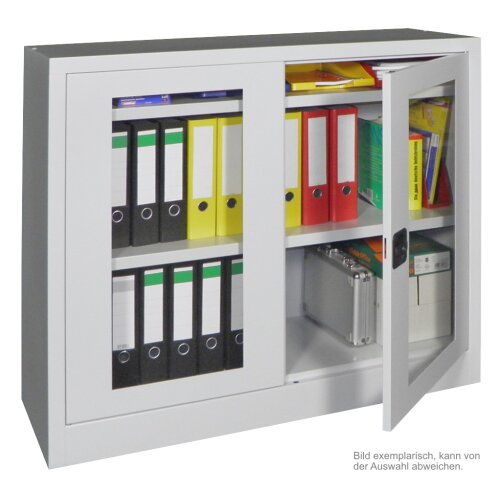 Stahlschrank mit Sichtfenstertüren 100 cm hoch, 100 cm breit,  60 cm tief