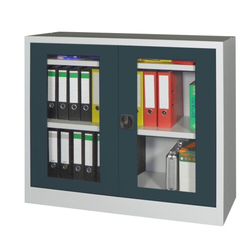 Stahlschrank mit Sichtfenstertüren 100 cm hoch, 120 cm breit,  50 cm tief