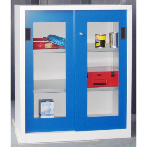 Stahl Schiebetürenschrank mit Sichtfenstertüren 120 cm hoch,  100cm breit,  40 cm tief