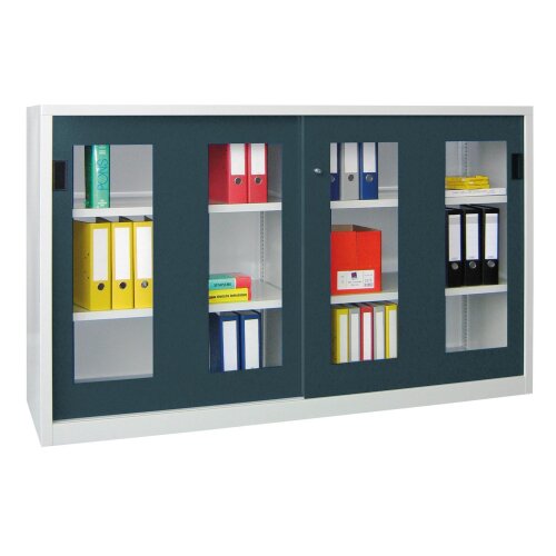 Stahl Schiebetürenschrank mit Sichtfenstertüren 120 cm hoch, 200 cm breit,  40 cm tief