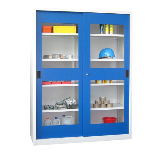 Stahl Schiebetürenschrank mit Sichtfenstertüren 195 cm hoch, 150 cm breit,  50 cm tief