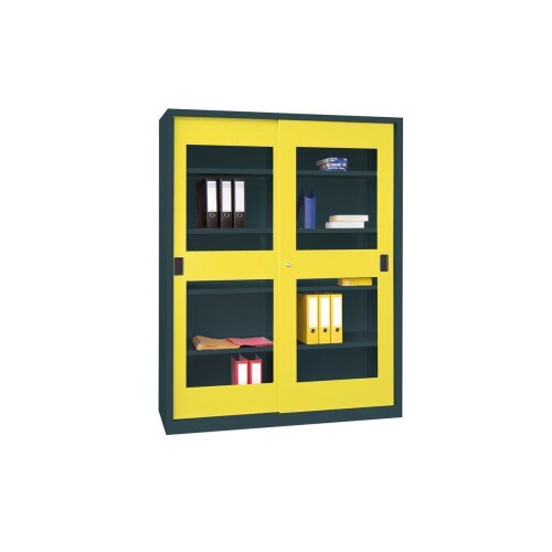 Stahl Schiebetürenschrank mit Sichtfenstertüren 195 cm hoch, 150 cm breit,  50 cm tief