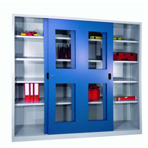 Stahl Schiebetürenschrank mit Sichtfenstertüren 195 cm hoch, 200 cm breit,  50 cm tief