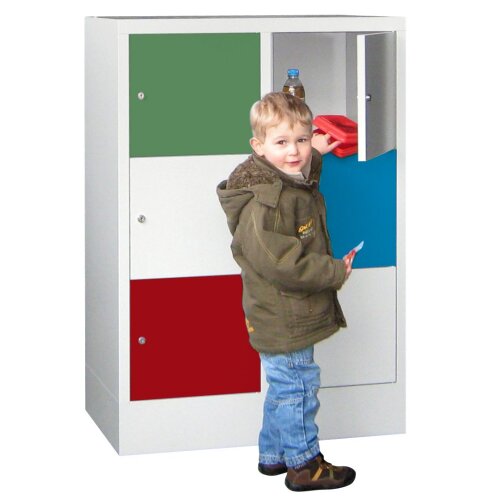 Schliessfachschrank 119 cm hoch, 6 Fächer, Abteilbreite 300mm, auf Sockel