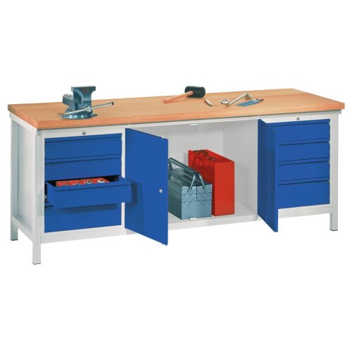 Werkbank mit 8 Schubladen, 4 Schubladen rechts und links, sowie 1 Werkzeugschrank mittig, Breite 200 cm