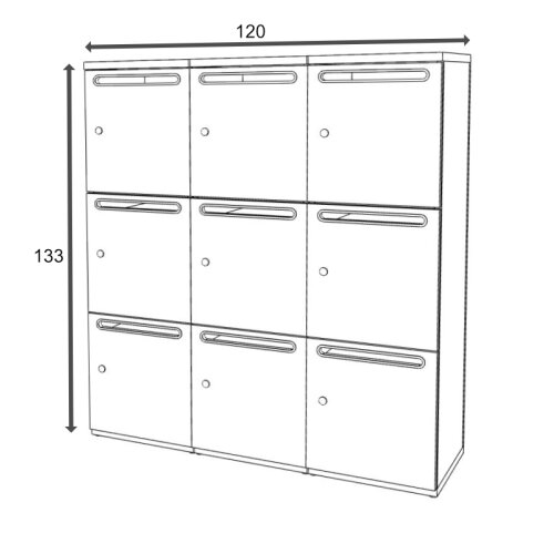 Schliessfachschrank Holz 3 Abteile, 3 Fächer übereinander, Türen mit Briefschlitz